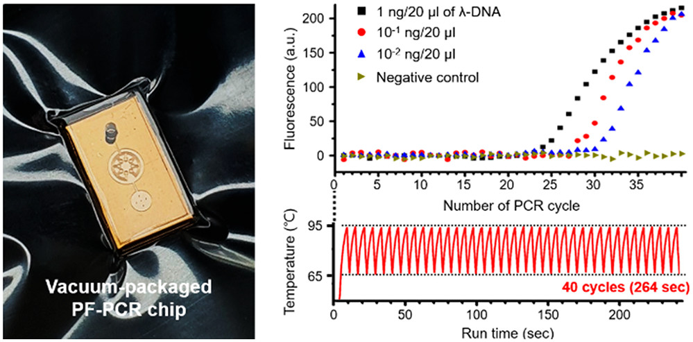 Vacuum-charged plasmofluidic PCR chip for real-time nanoplasmonic on-chip PCR (left) and ultrafast thermal cycling with amplification curve of plasmids expressing SARS-CoV-2 envelope protein (right).