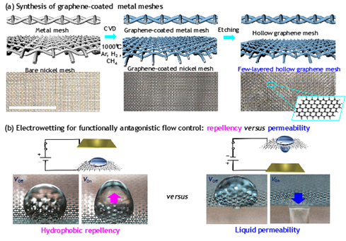 그래핀 매쉬의 제조 방법 및 기능성 길항 액체 제어 기술의 도식도