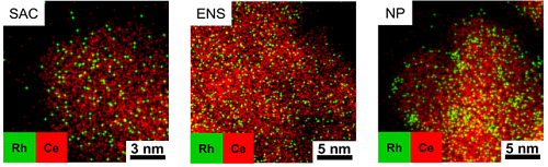 Figure 3. Energy-dispersive X-ray spectroscopy (EDS) mapping images for SAC, ENS, and NP, respectively (green, Eh; red, Ce)
