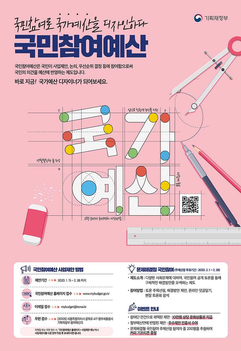  국민참여로 국기계산을 디자인하다'국민참여예산' 국민참여예산은 국민이 사업제안 논의, 우선순위 결정 등에 참여함으로써 국민의 의견을 예산에 반영하는 제도입니다. 바로 지금! 국가예산 디자이너가 되어보세요. 국민참여예산 사업제안 방법 -제안기간 2020. 1. 15 - 2.28 까지 -국민참여예산 홈페이지 접수 www.mybudget.go.kr -이메일 접수 mybudget@koreakr -우편 접수 [30109] 세종특별자치시 갈매로 47 정부세종청사 기획재정부 참여예산과 문제해결형 국민참여 (주제선정 투표기간 : 2020. 2. 1~2.28) -제도소개 : 다양한 사회문제에 대하여, 국민참여 공개 토론을 통해 구체적인 해결방안을 모색하는 제도 - 참여방법 : 토론 주제선정, 해결방안 제안, 온라인 댓글달기, 현장 토론회 참석 이벤트 안내 - 참여단 안건으로 채택된 제안 : 10만원 상당 문화상품권 지급 -정부예산안에 반영된 제안 : 우수제안 인증서 수여 -문제해결형 국민참여 주제선정 참여자 중 200명을 추첨하여 커피 기프티콘 증정 이메일 또는 우편 접수 시 국민참여예산 홈페이지 > 사업제안 메뉴에서 사업제안서를 다운받아 작성 후 보내주시면 됩니다. 