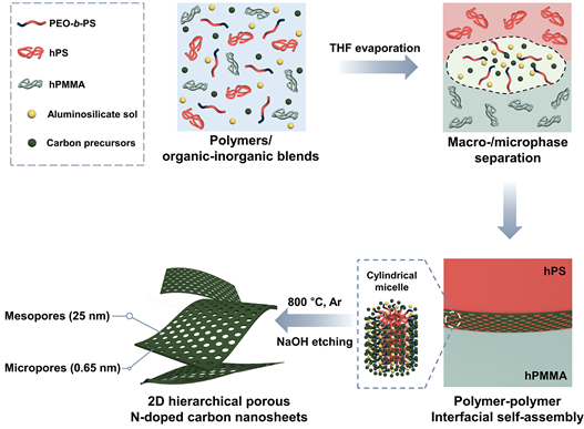 고분자 블렌드를 이용한 계층형 다공성 2차원 탄소 소재의 합성에 대한 모식도