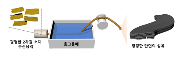 그림1. 2차원 소재의 자발적 평탄화 현상을 통해 제조되는 납작한 그래핀 섬유 제작과정 모식도