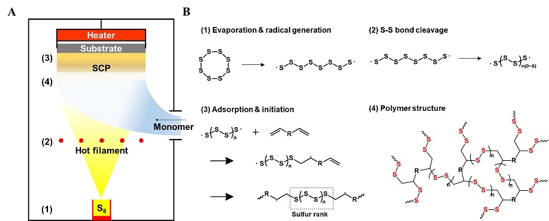 Figure 1. A schematic illustration showing the co-polymerization of vaporized sulfur to synthesize the high refractive index thin film. 