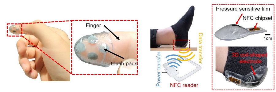 그림 2. 본 기술을 활용해 손가락형 터치센서 및 발꿈치 욕창 예방용 무선 압력 모니터링에 사용할 수 있음