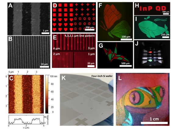 그림 1. 제시된 공정을 통해 제작된 다양한 패턴. 친환경 나노 발광소재의 표면 물성을 변화시켜 모양에 상관없는 균일한 패턴을 제작할 수 있음. 해당 기술은 웨이퍼 규모의 대규모 패터닝부터 RGB 패터닝, 그리고 발광다이오드 등 다양한 분야에 적용 가능함