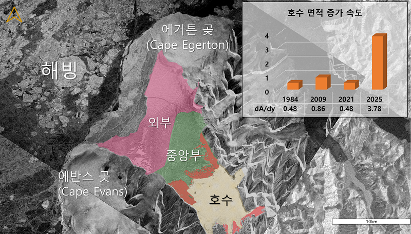 차세대소형위성2호와 센티넬-1호(Sentinel-1) 관측 데이터를 활용하여 밀른 빙붕의 호수 확장 면적 변화를 확인