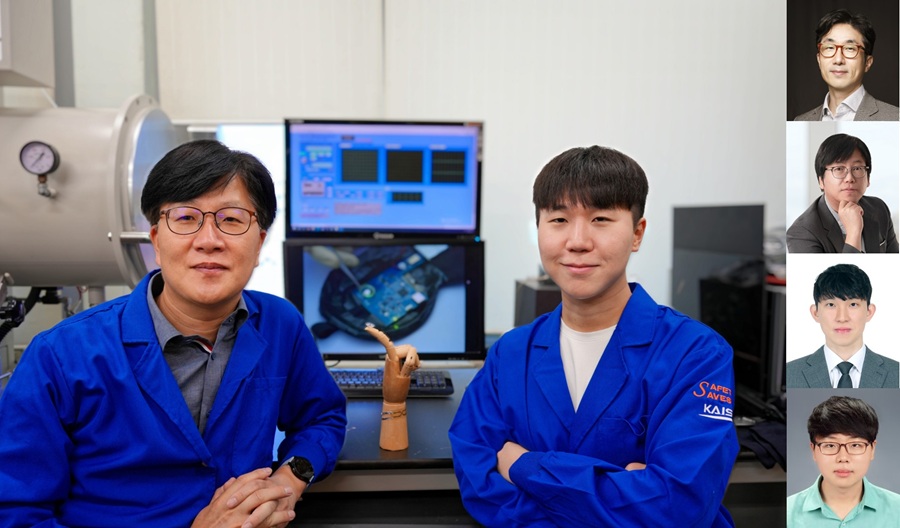 OLED 컨택트렌즈 샘플 (가운데) 및 주요 저자 (좌: 유승협 교수, 우: 심지훈 박사)의 실험실 배경 사진 증명사진: 우세준 교수, 한세광 교수, 김수본 박사, 채현욱 박사 (위에서부터)