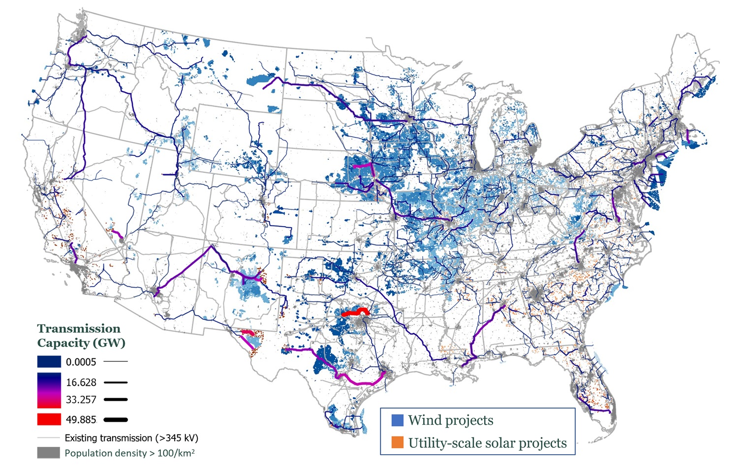  Figure 1. 2050 U.S. Energy Infrastructure Outlook from the Net-Zero America Project.Princeton University’s Net-Zero America study shows that by 2050, the U.S. will need to build 3.2 TW of wind and solar power facilities across the country and expand transmission grid capacity by threefold. The blue dots on the map represent wind power projects, the orange dots represent large-scale solar power project locations, and the purple lines indicate new transmission lines that must be constructed. This detailed spatial analysis methodology will also be applied in the Net-Zero Korea project.